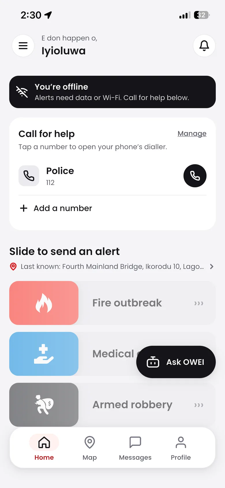 Alerte offline state with a call-for-help panel