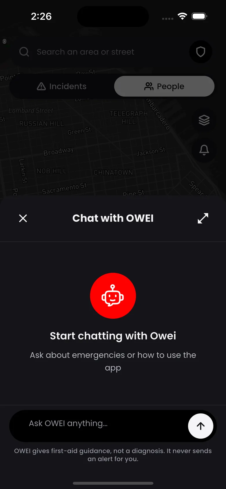 Chat with OWEI, the in-app first-aid assistant