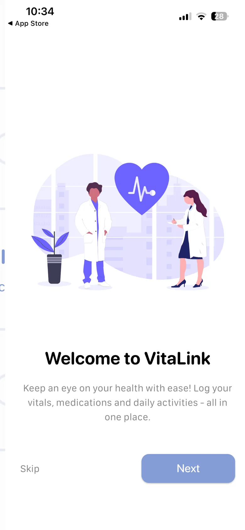VitaLink+ welcome screen introducing vitals, medications and daily activities